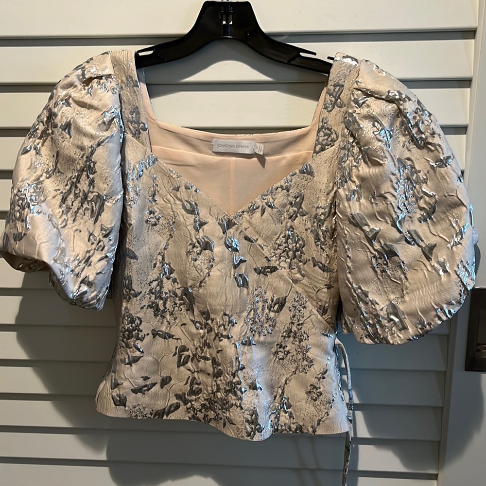 Jonathan Simkhai White Taylor Metallic Puff Sleeve Blouse